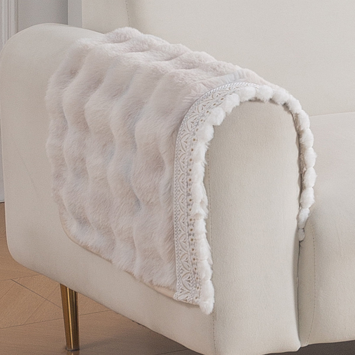 Faux Rabbit Fur Sofa Cover with Lace |Gradient Rabbit Plush, Cream