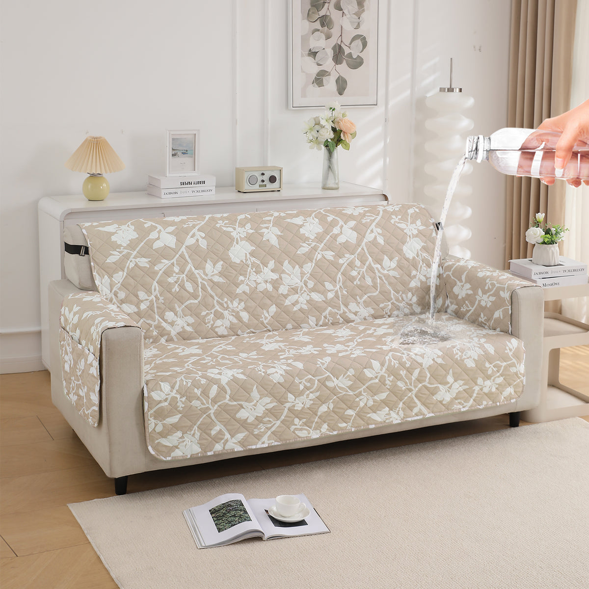 Waterproof & Quick-Dry Quilted Sofa Cover with Pockets on Armrest, Buff Brown Sillehoute Floral