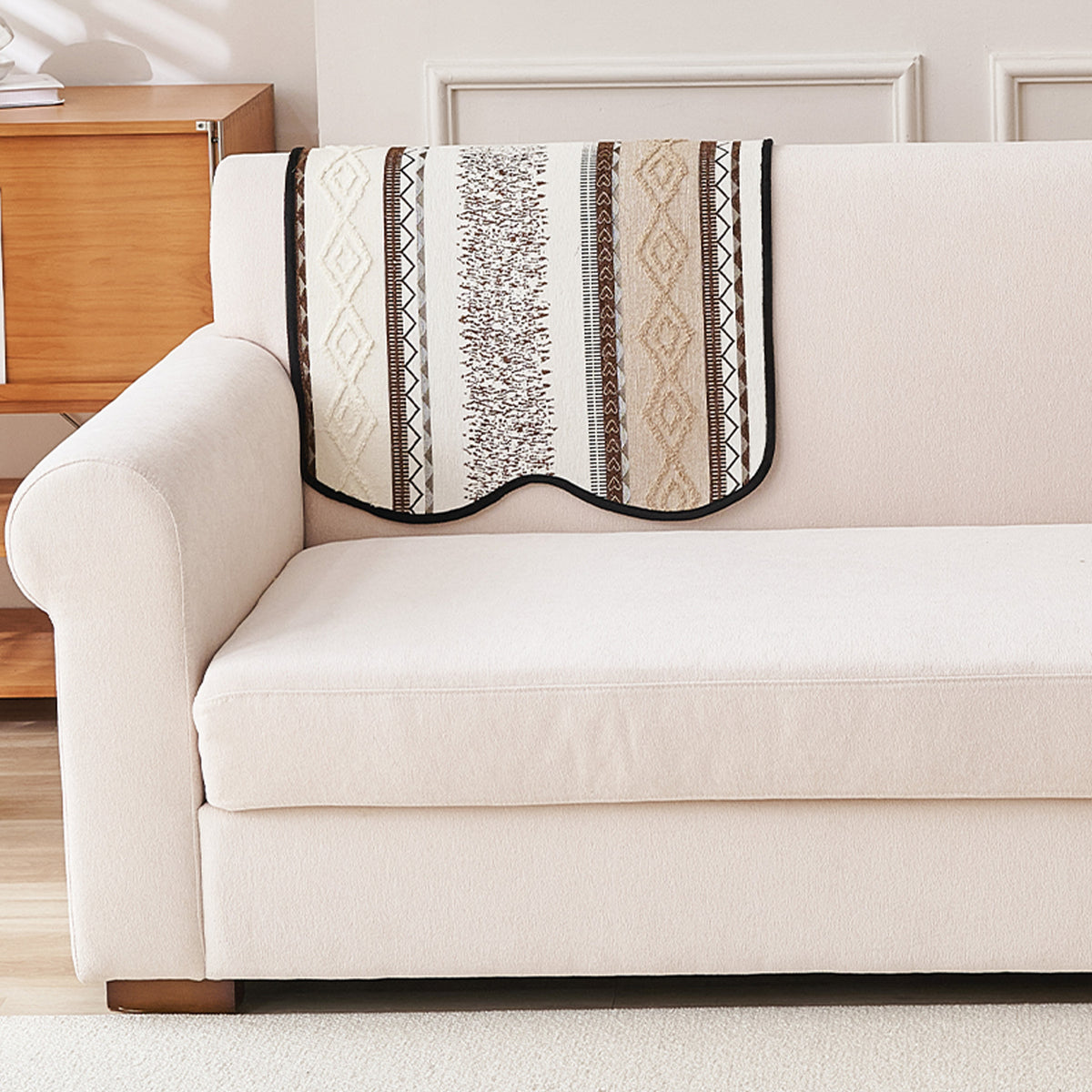 'Valenca Wavy Luxe Series' Boho Geometry Sofa Cover Mat, Brown