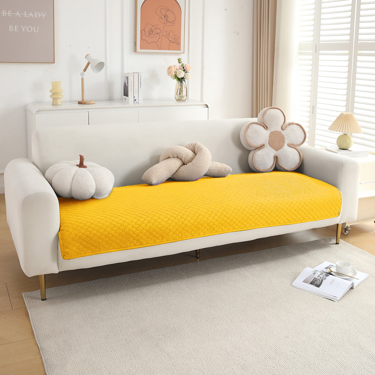 Polyester Quilted Sofa Cover Mats, Yellow