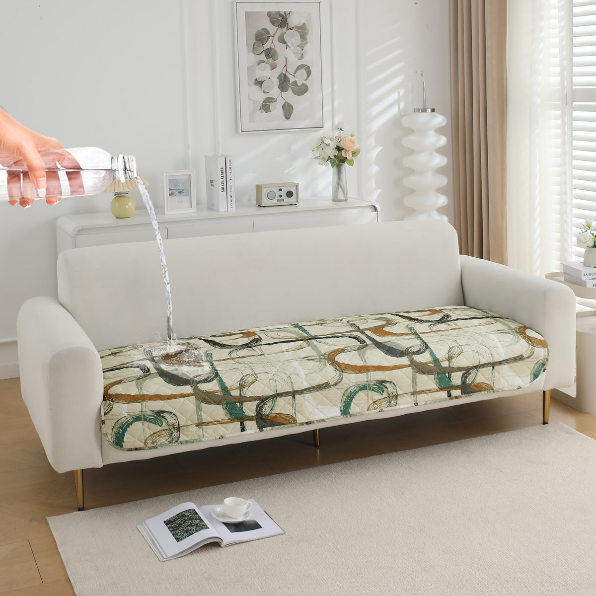 Water Repellent + Waterproof Quilted Sofa Mats, Parchement Beige Abstract Art