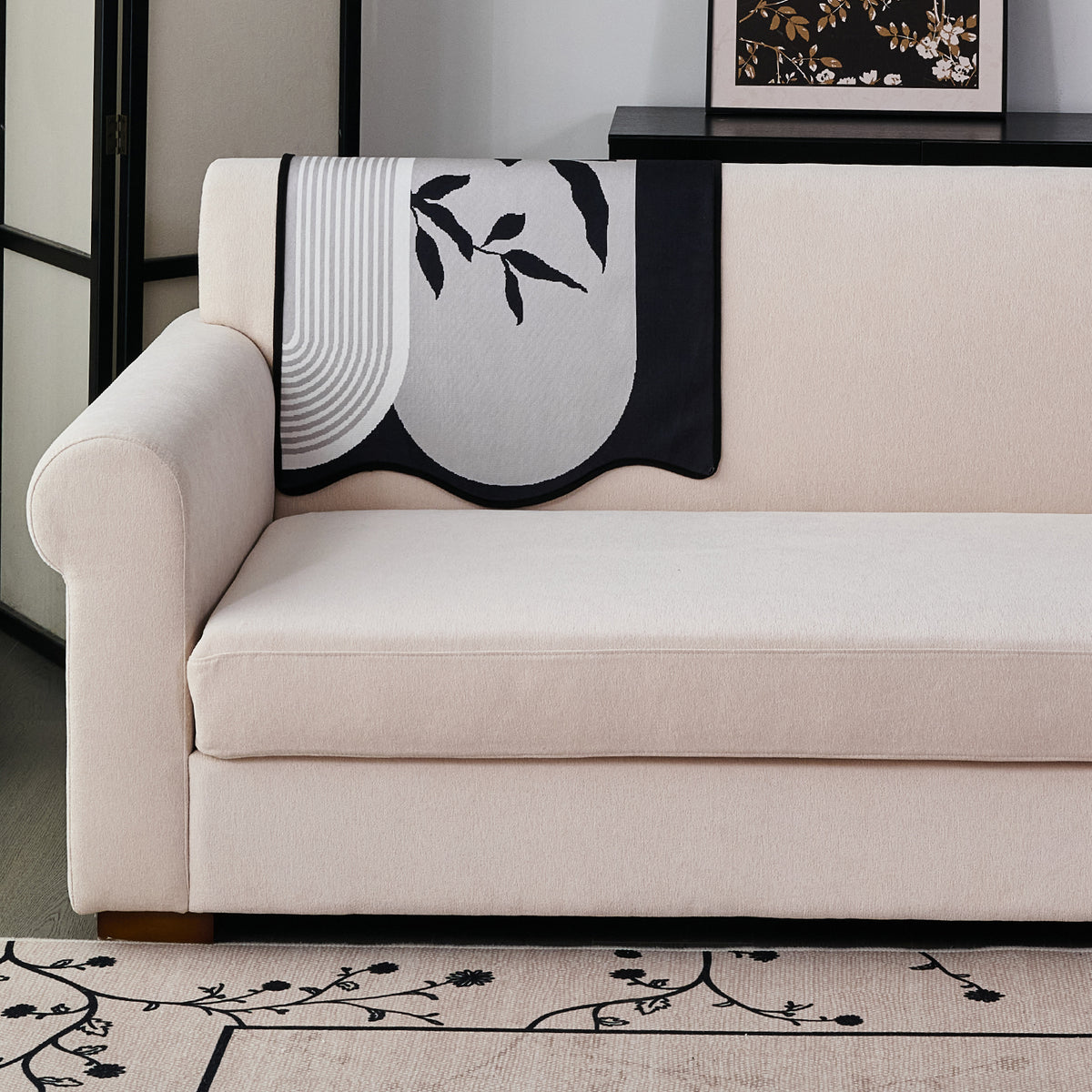 Arcea Chenille With Curved Edges Sofa Cover Mat, Grey Abstract Botanical