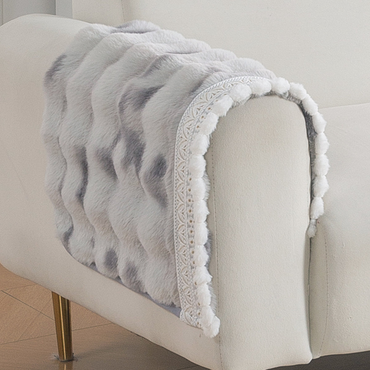 Faux Rabbit Fur Sofa Cover with Lace |Gradient Rabbit Plush, Grey