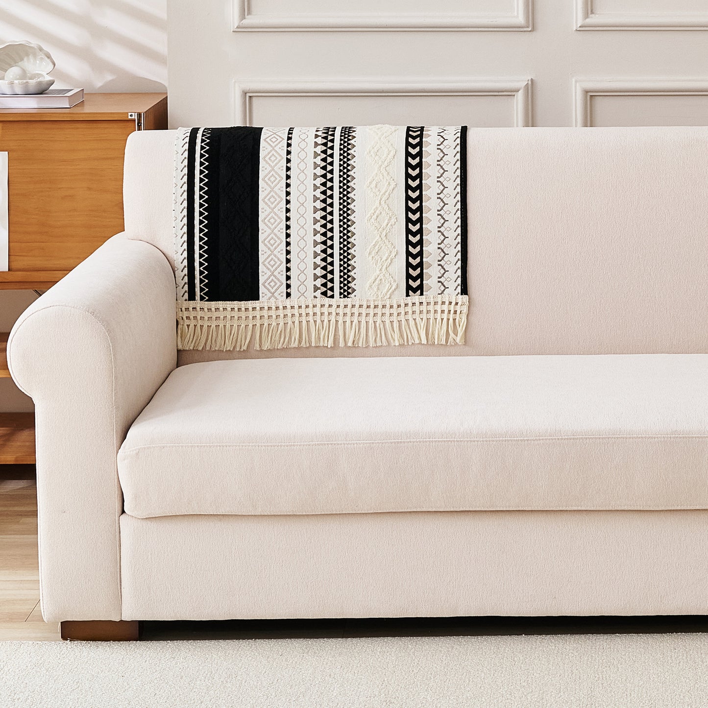 Nordic Boho Geometric Sofa Cover Mat with Tassel, 'Nordic Tassel Series'  Aurora Black