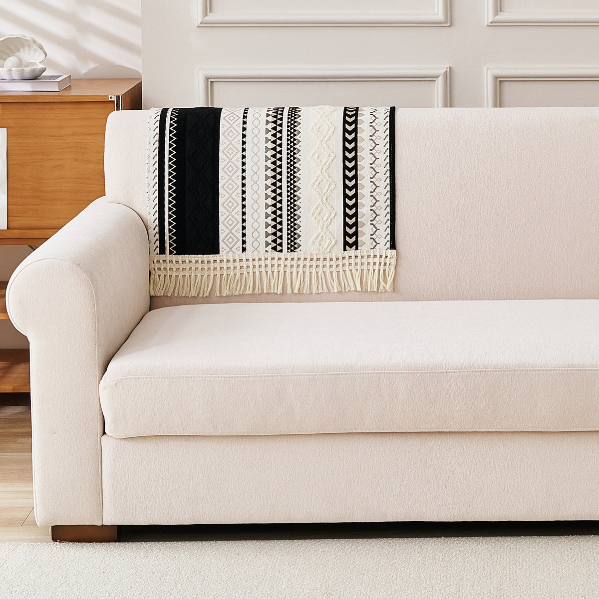 Nordic Boho Geometric Sofa Cover Mat with Tassel, 'Nordic Tassel Series'  Aurora Black