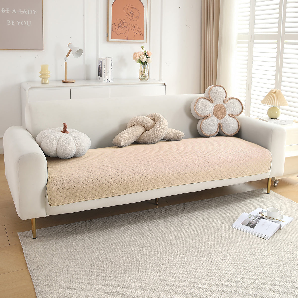 Polyester Quilted Sofa Cover Mats, Beige