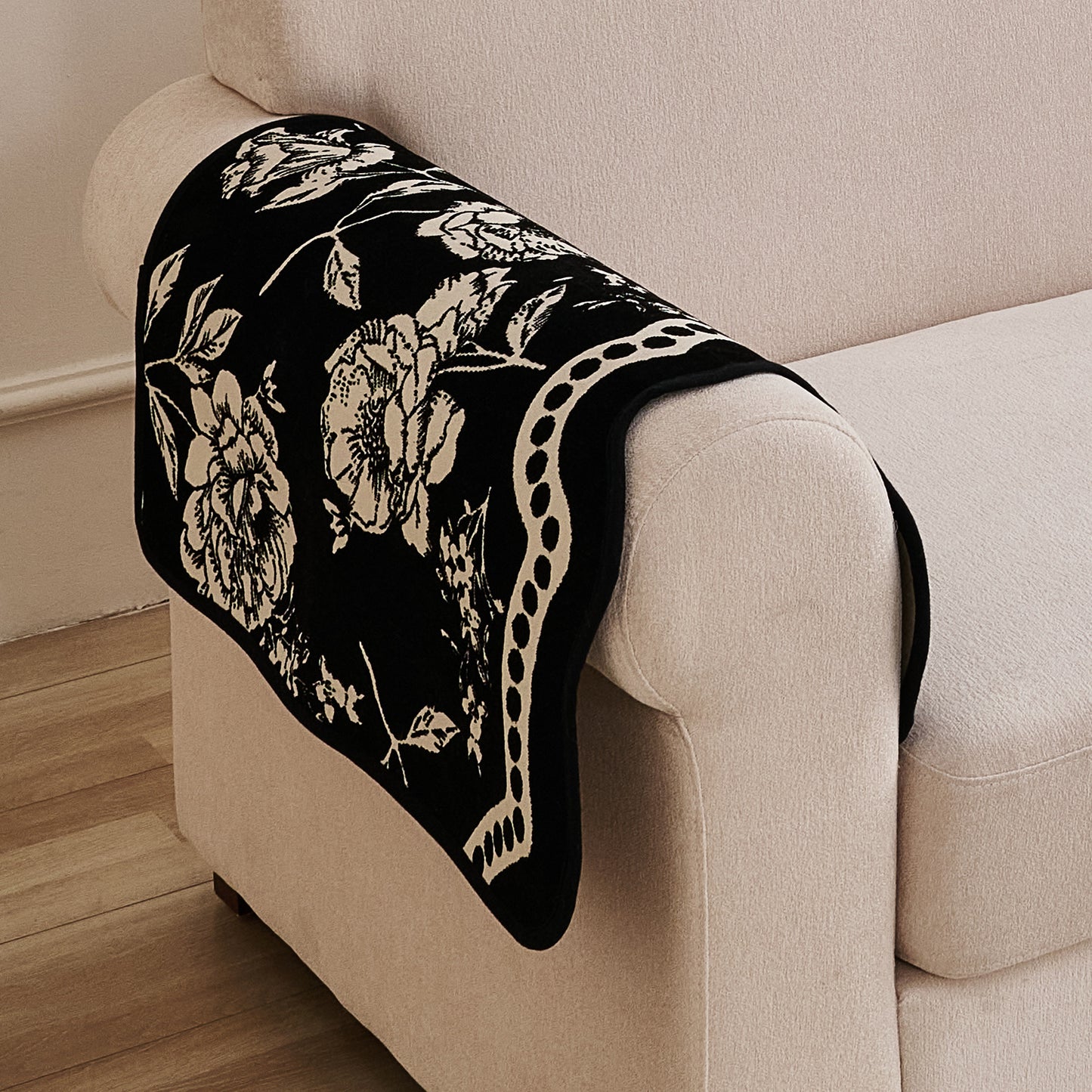 Chenille Sofa Cover Mat with Curvy Edges, 'Retro Curves Series' Sofa Mat, Classic Black