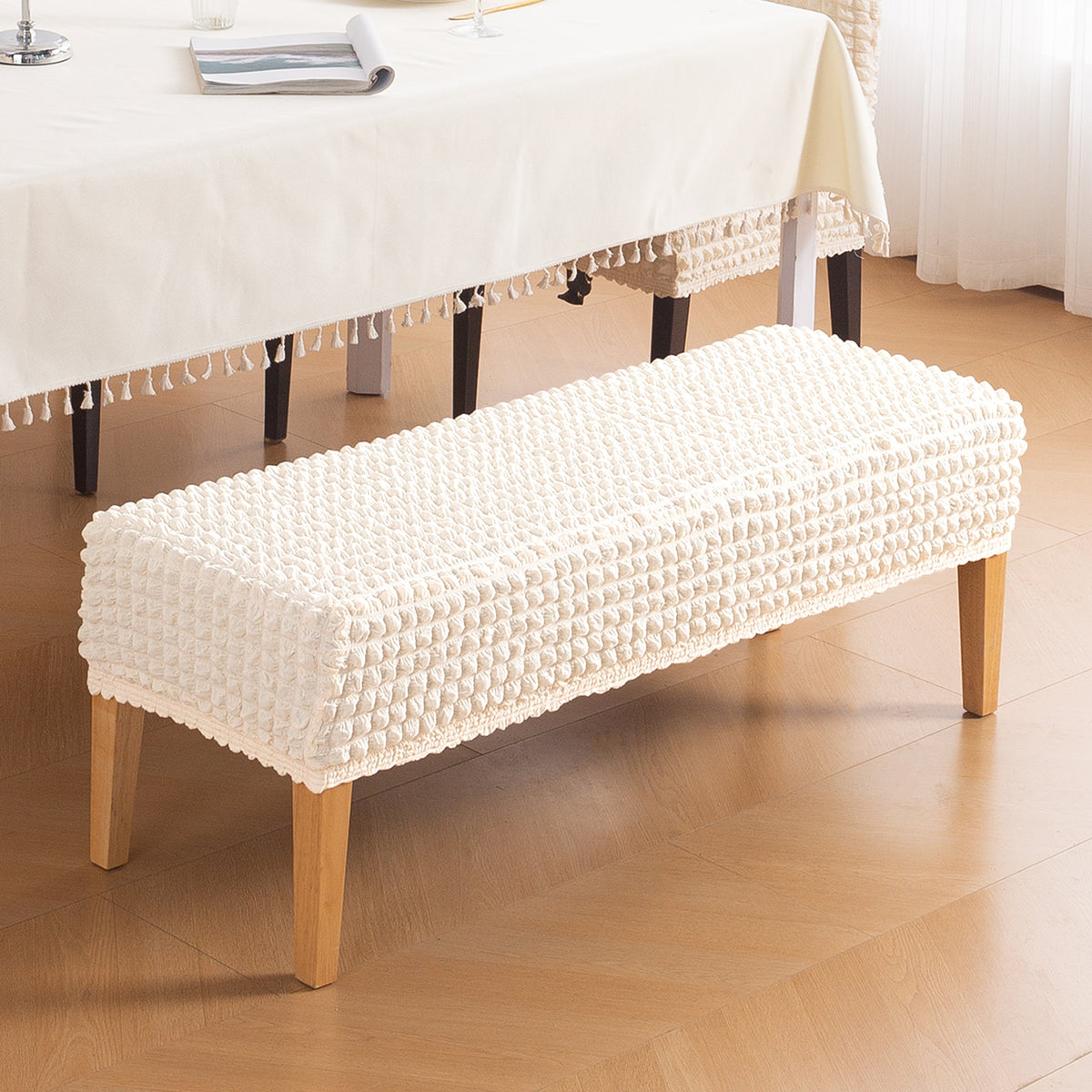 Aria Nova 280 GSM Stretchable Bubble Dining Bench Cover, Light Cream