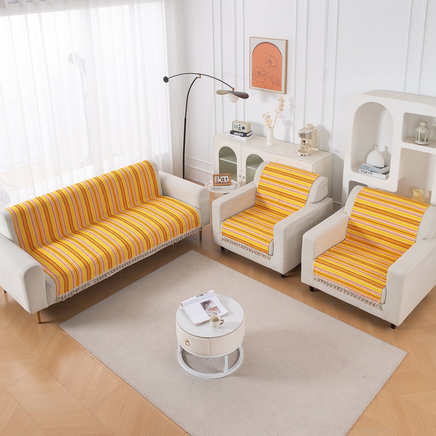 Artisan Boho Series 5-Seater Sofa Cover with Tassels (3+1+1), Mustard Yellow