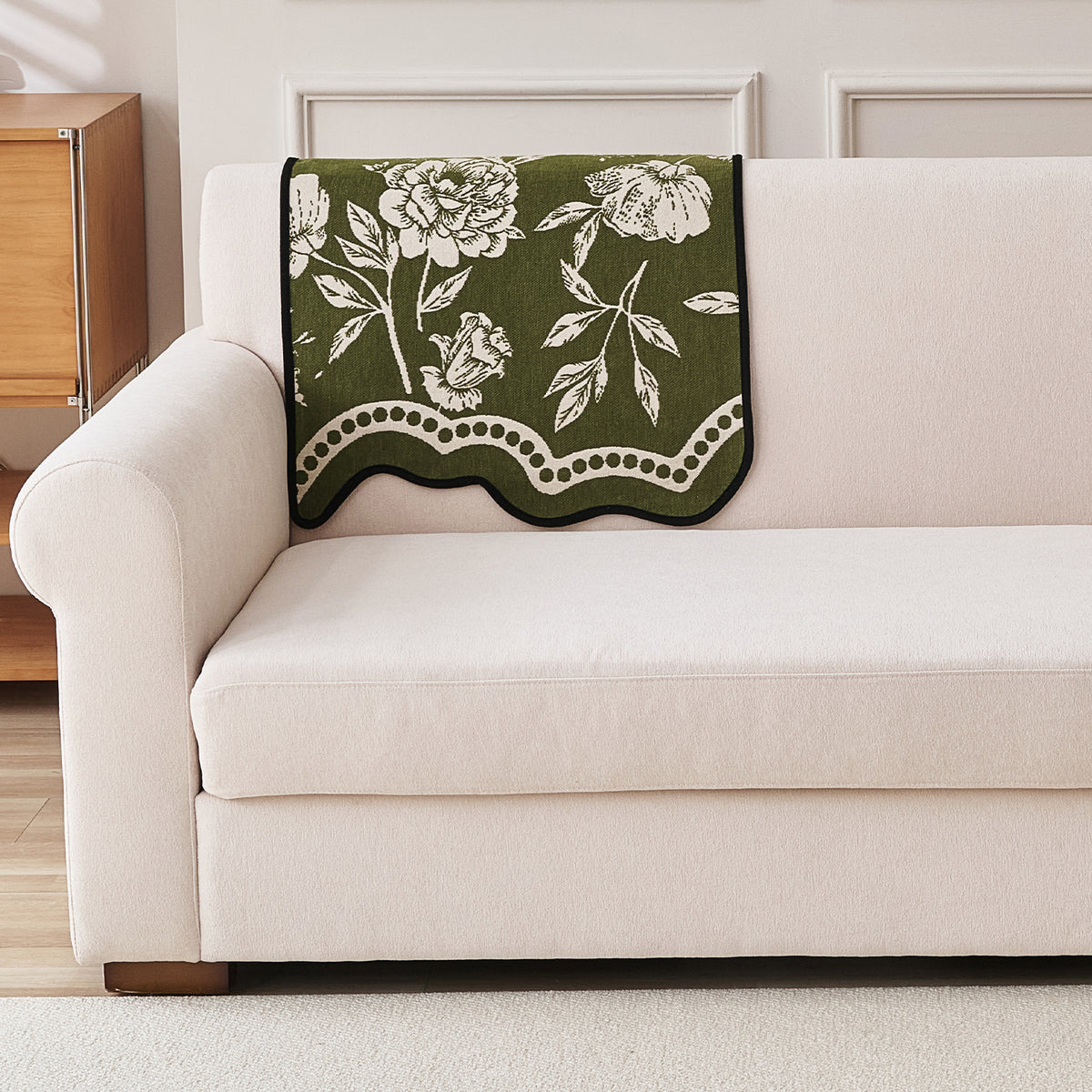 Chenille Sofa Cover Mat with Curvy Edges, 'Retro Curves Series' Sofa Mat, Olive Green
