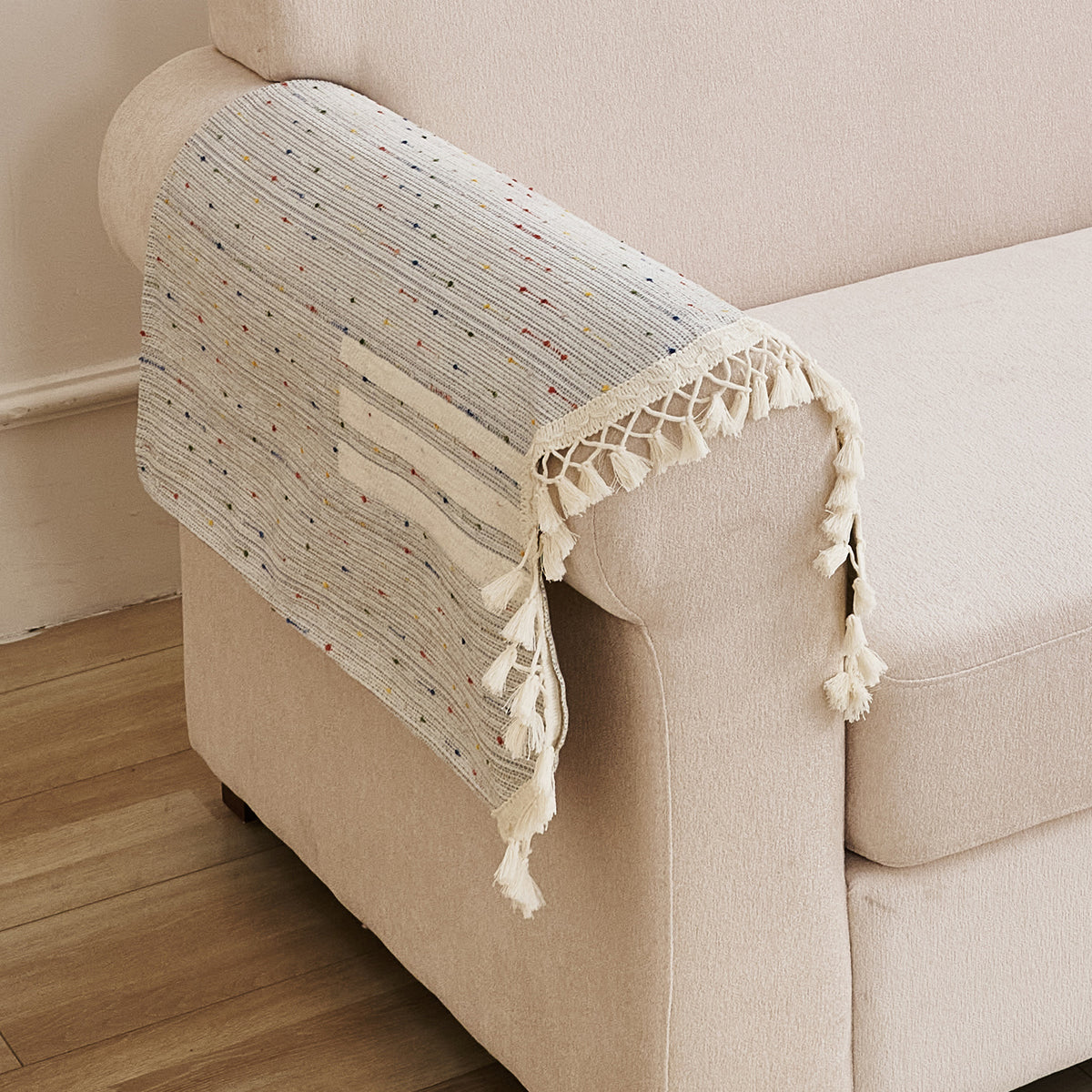 DreamWave Chenille with Tassels Sofa Cover Mat, Pearl Grey