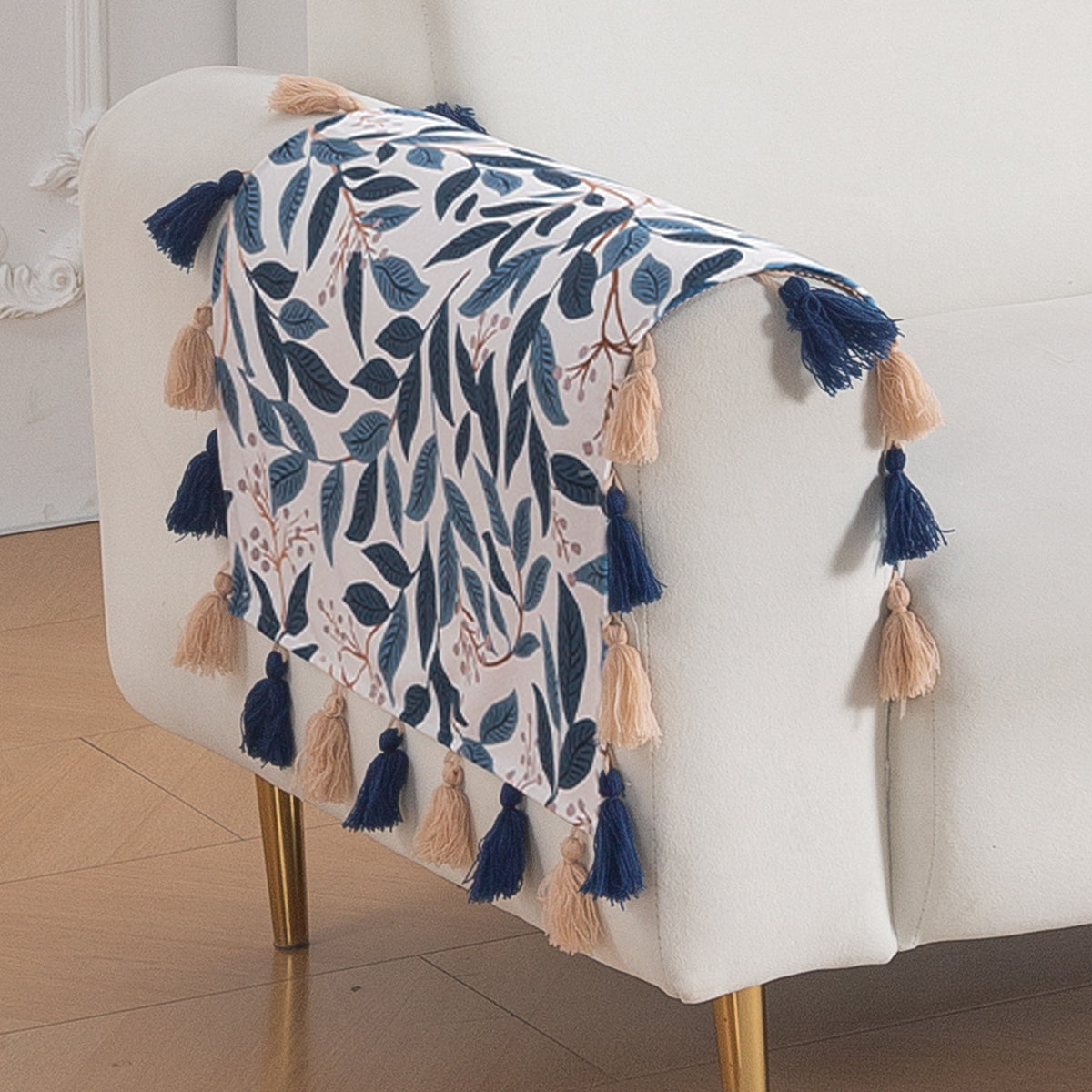 'Whispers of Nature' Series Holland Velvet Sofa Mat with Tassel, Indigo Foliage
