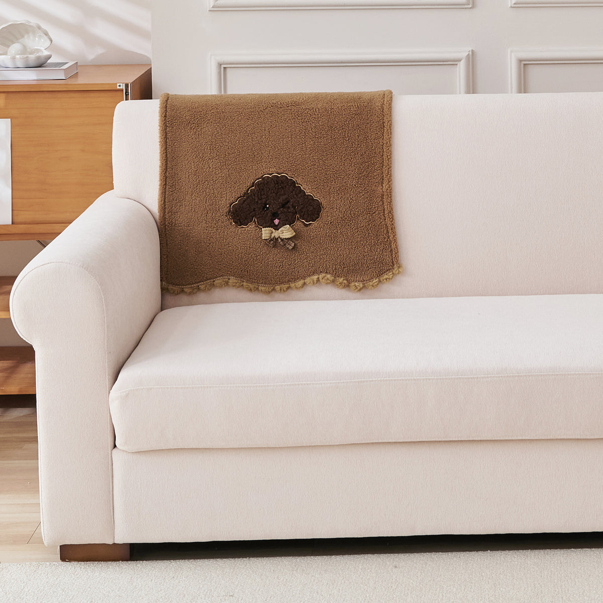 CloudHug Plush Sofa Cover Mat with PomPom and Wavy Edges, Mocha Cocoa
