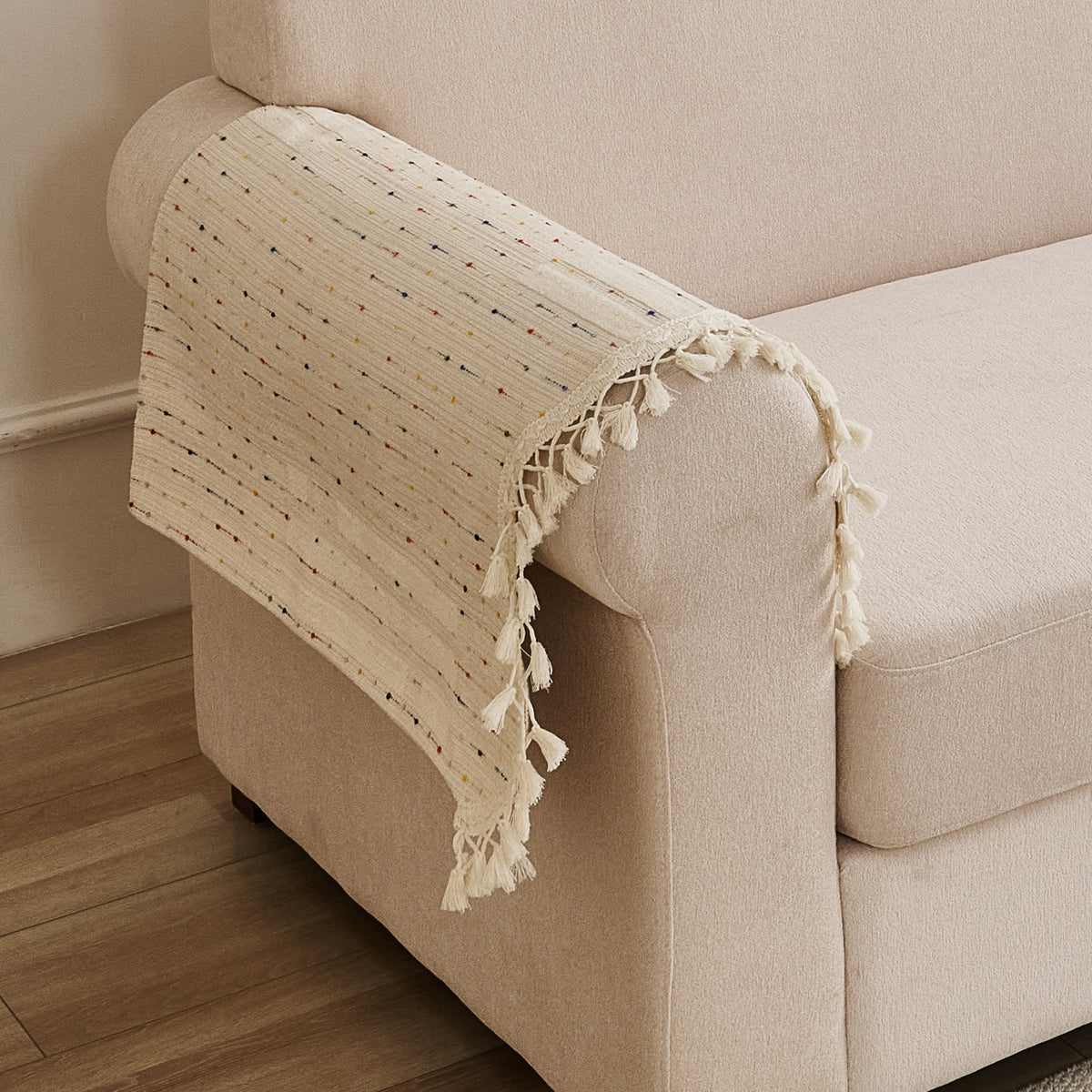 DreamWave Chenille with Tassels Sofa Cover Mat, Latte Beige