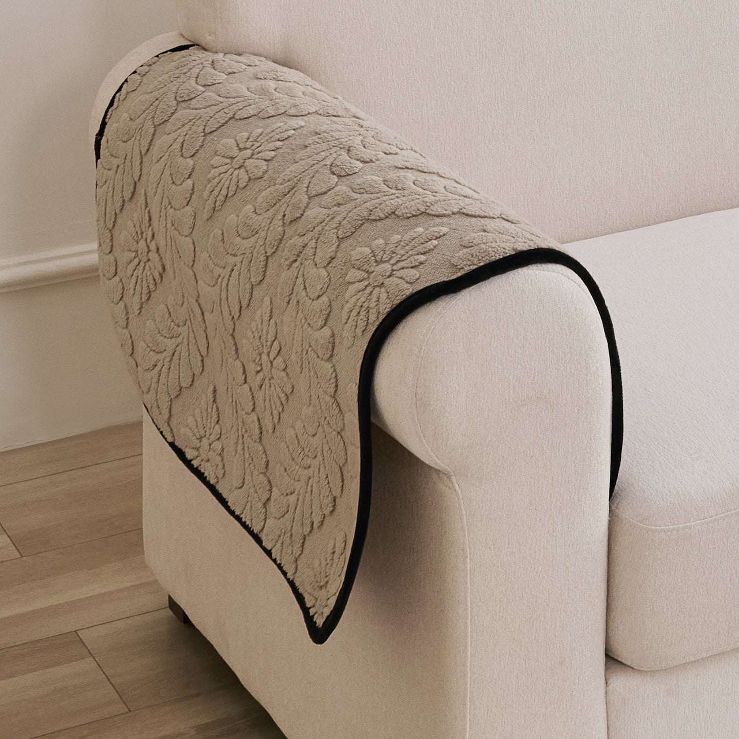 Embossed Floral Jacquard Anti-Slip Sofa Cover Mat, 'Wavy Petal Crest Series' Soft Brown