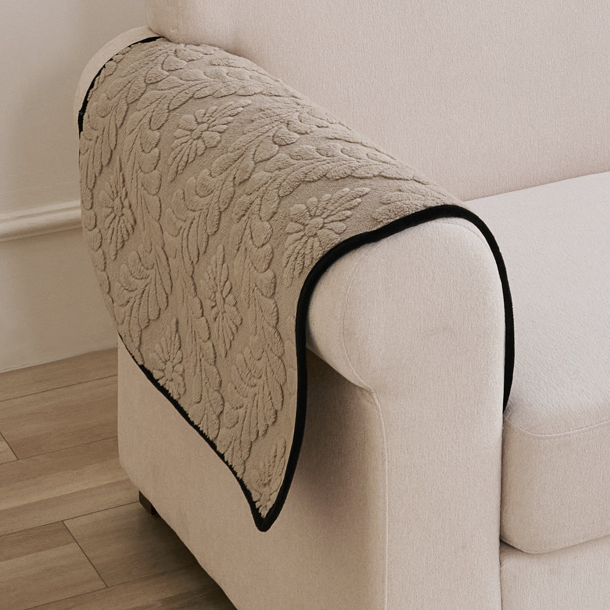 Embossed Floral Jacquard Anti-Slip Sofa Cover Mat, 'Wavy Petal Crest Series' Soft Brown