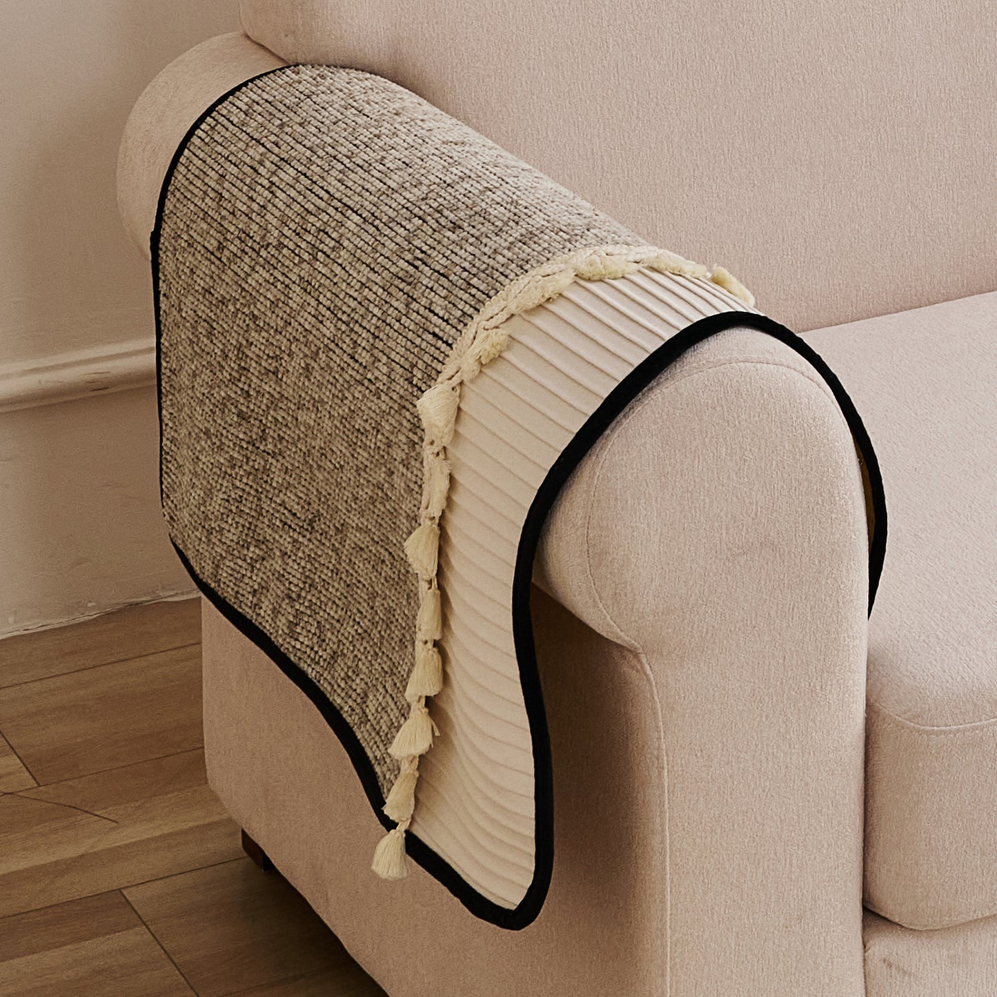 Thick Woven Weave Chenille Sofa Cover with Tassel|'Wavy Royale Series' Taupe Mist