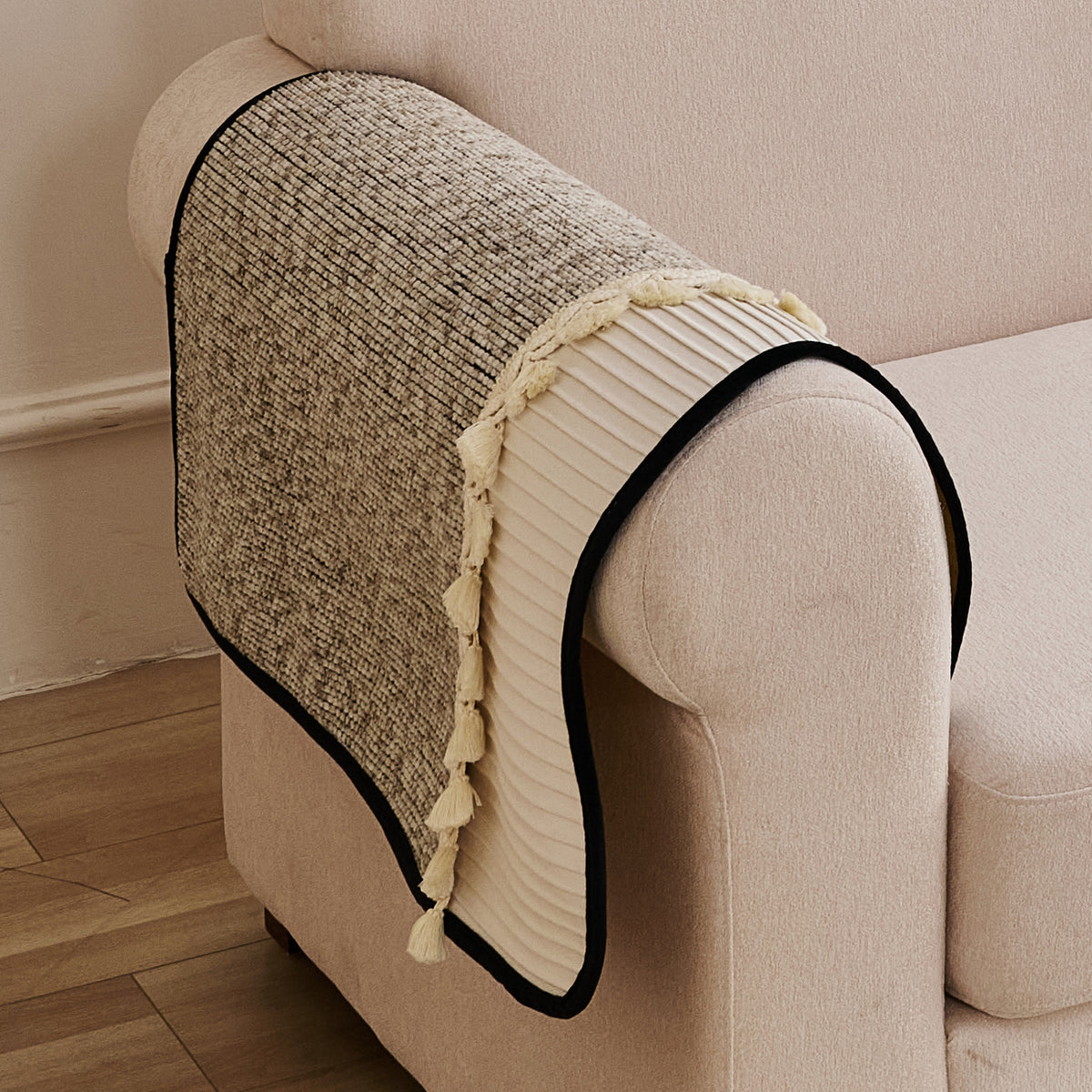 'Wavy Royale Series' Thick Woven Weave Chenille Sofa Cover with Tassel, Taupe Mist