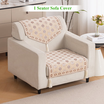Heritage Weave Premium Jacquard Sofa Cover Set with Tassels - Sandy Beige