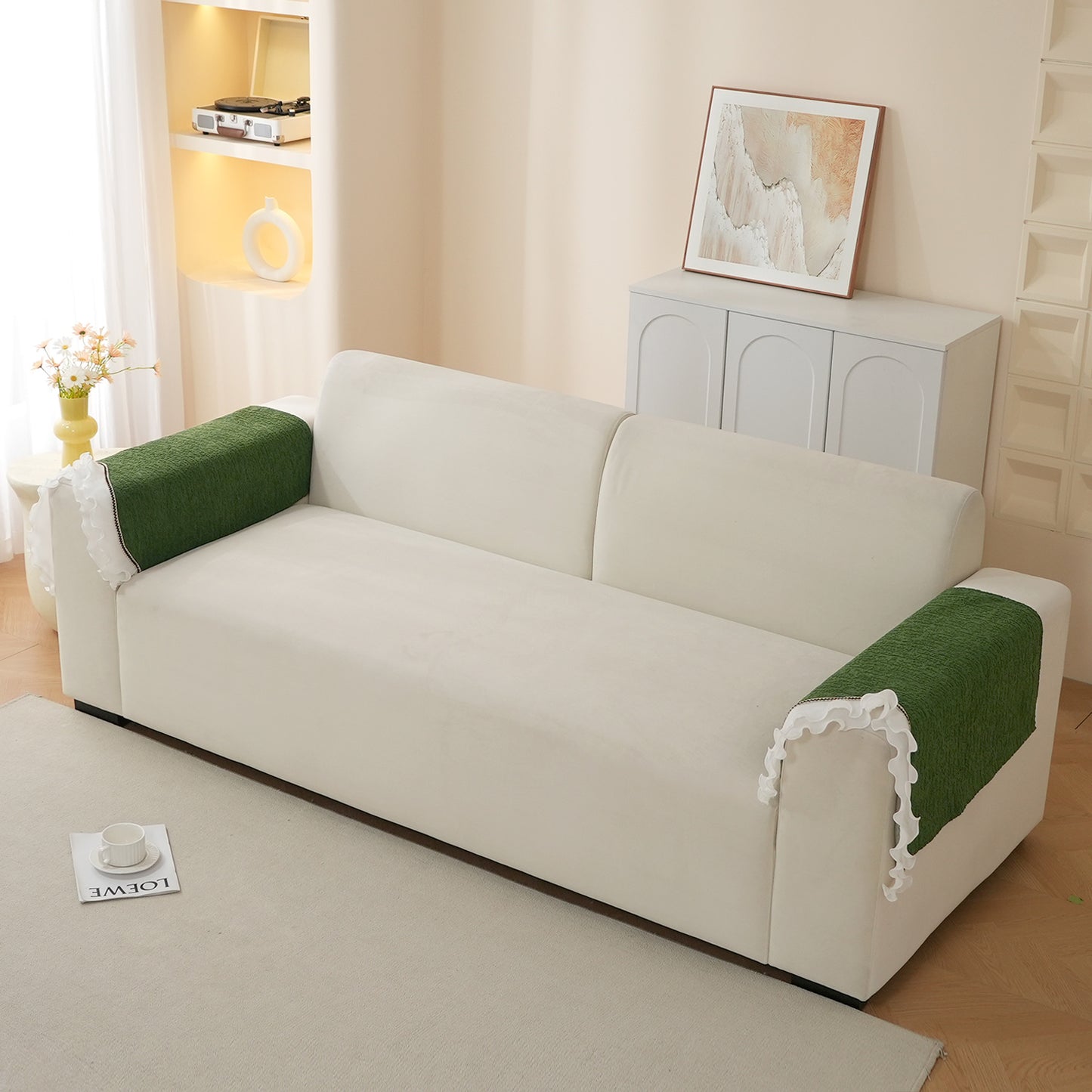 French Classic Frill Wavy Sofa Cover Mat with Curve & Lace - Dark Olive Green