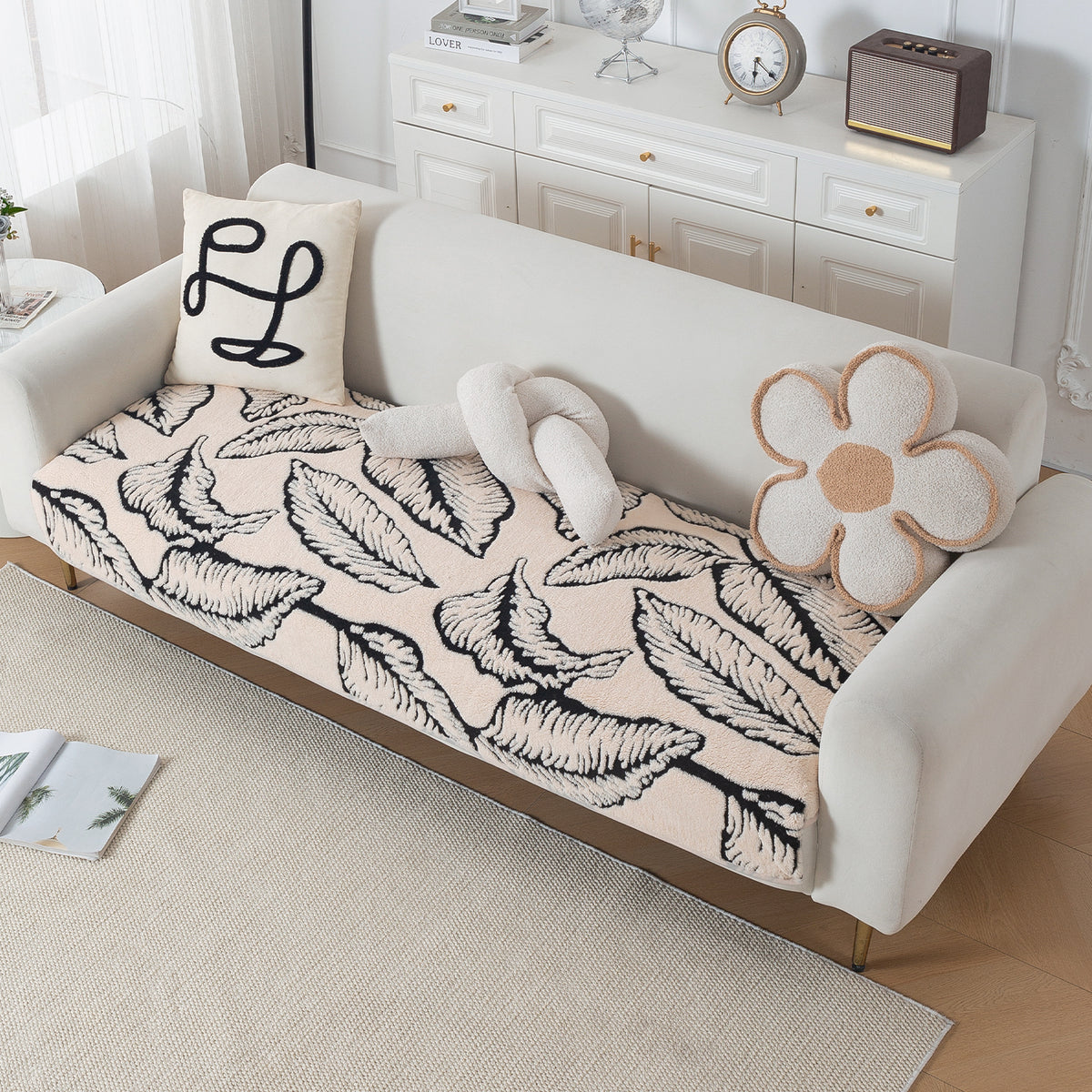 Luxury Plush Sherpa Anti-Slip Sofa Cover Mat, 'Noirea Series'| Botanical Leaf