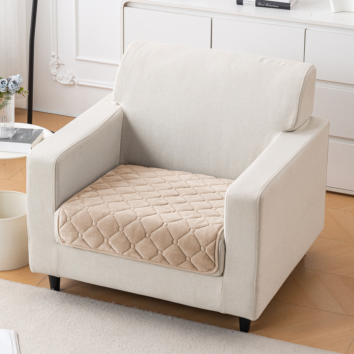 Diamond Tuft Plush Sofa Cover Mat, Warm Taupe