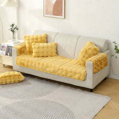 HOKIPO Premium Faux Rabbit Fur Anti Slip Sofa Cover Mat with 2 Armrest Cover, Honey Yellow