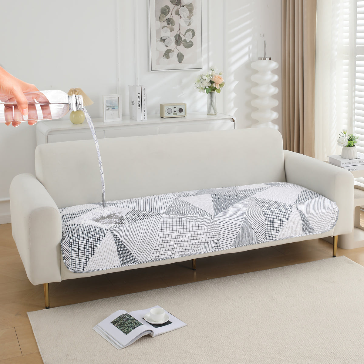 Water Repellent + Waterproof Quilted Sofa Mats, Snow White Black Geometry
