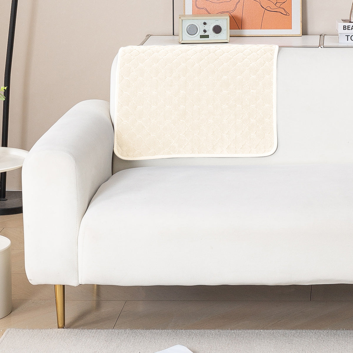 Diamond Plush Pebble Quilted Sofa Cover Mat, Cream