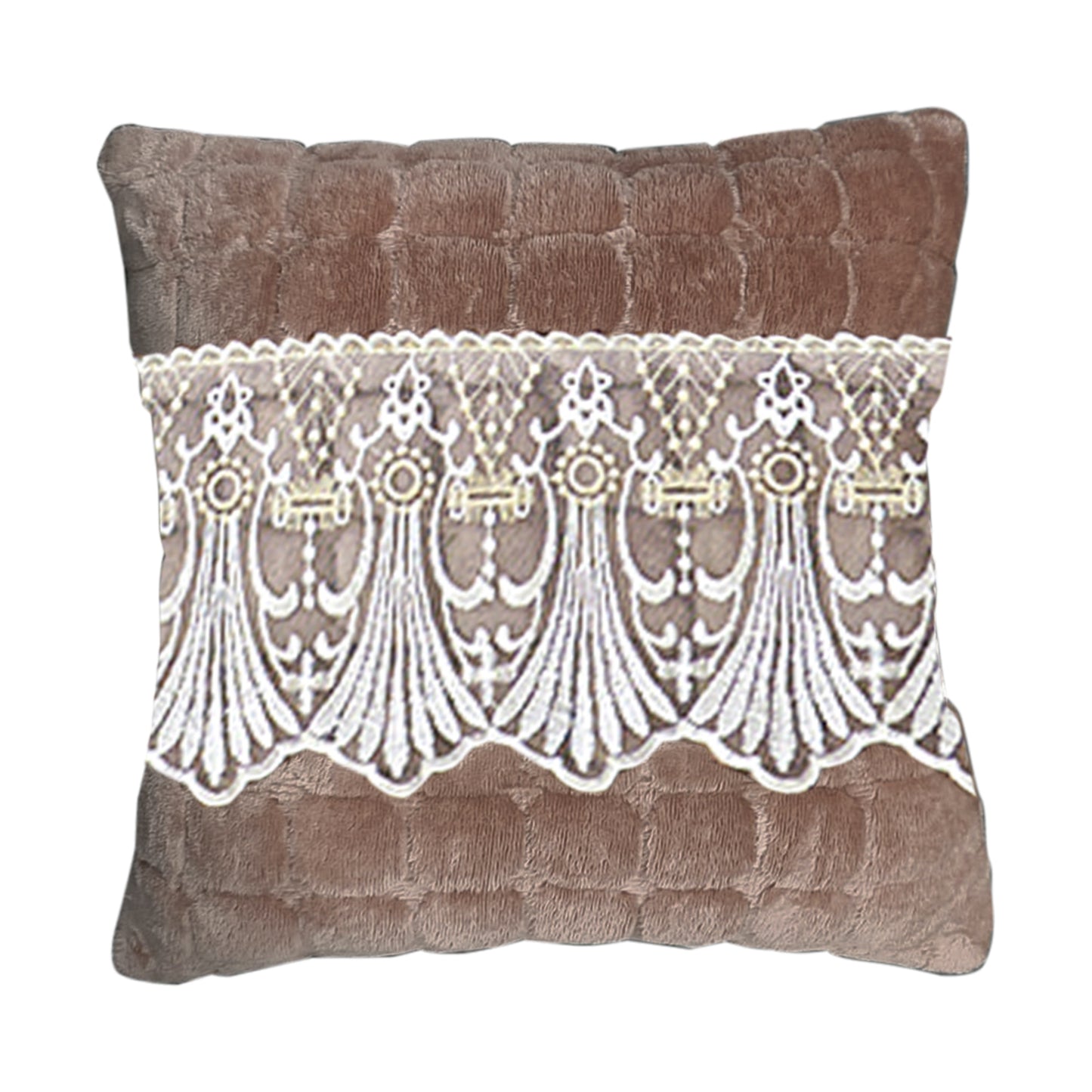 Premium Milk Velvet Sofa Cushion Cover with Lace Design, Mocha Brown
