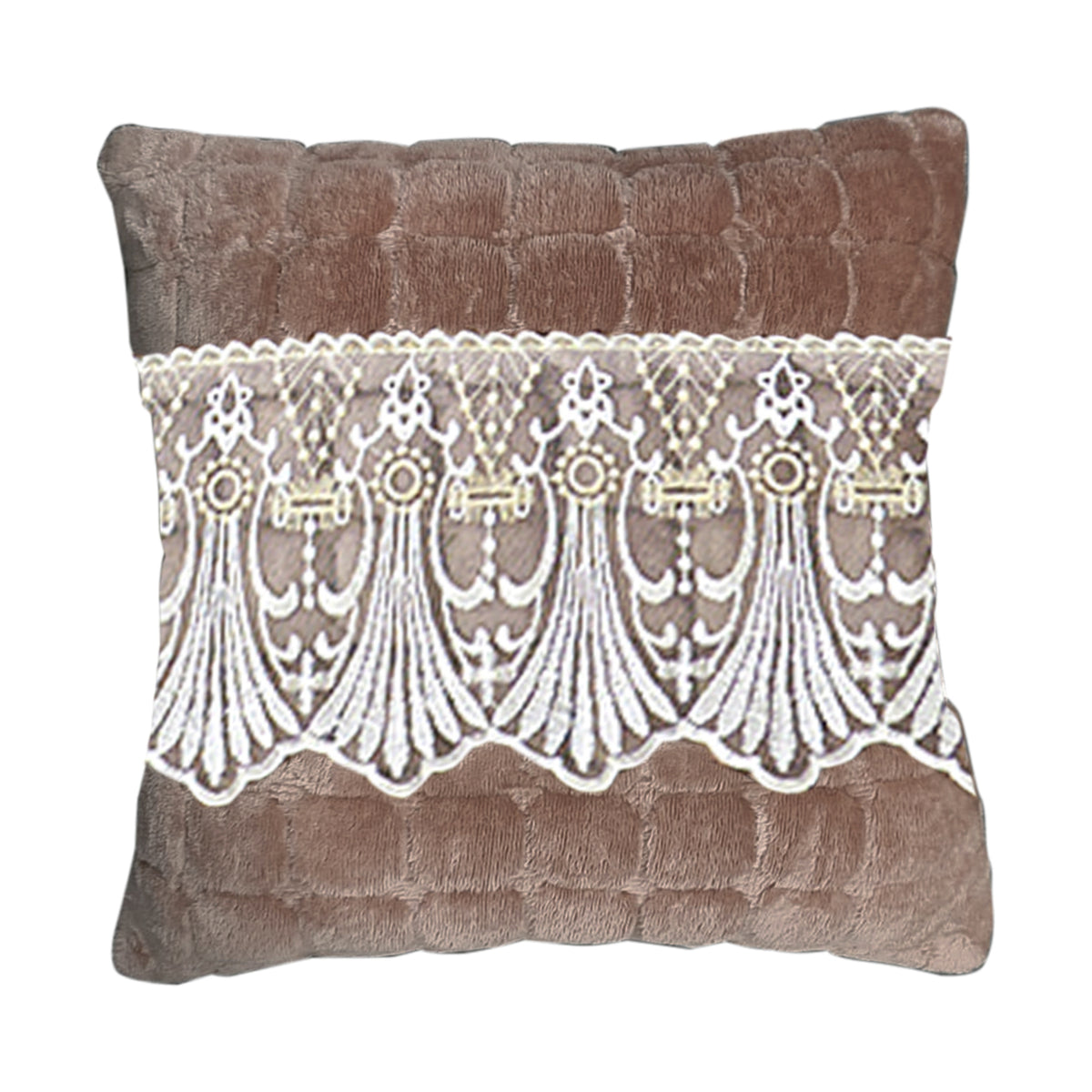 Premium Milk Velvet Sofa Cushion Cover with Lace Design, Mocha Brown