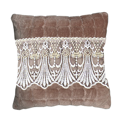 Premium Milk Velvet Sofa Cushion Cover with Lace Design, Mocha Brown