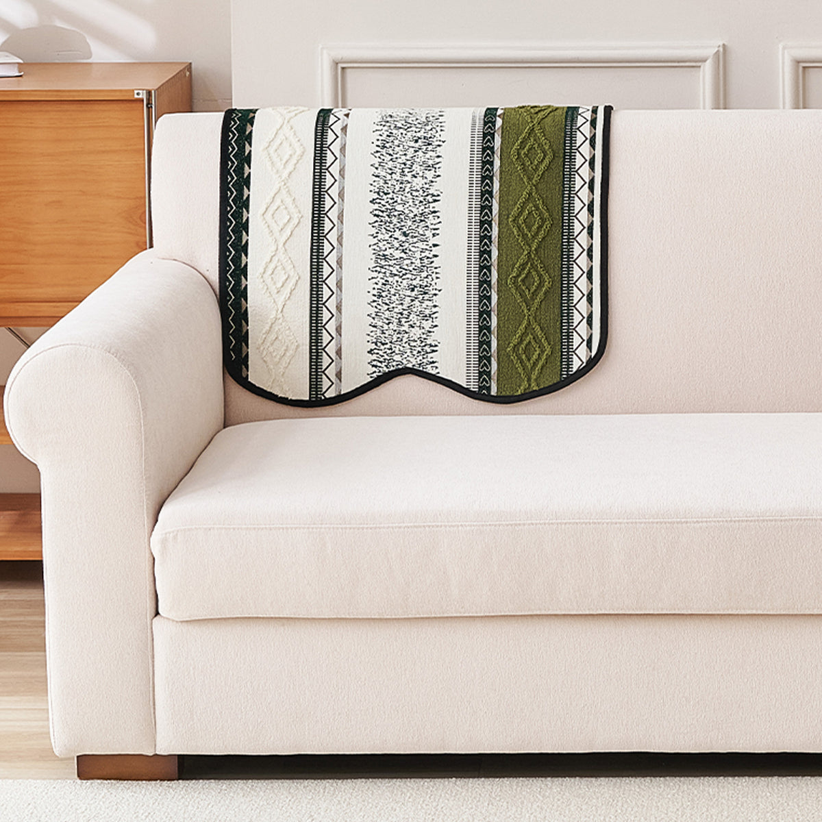 'Valenca Wavy Luxe Series' Boho Geometry Sofa Cover Mat, Moss Green