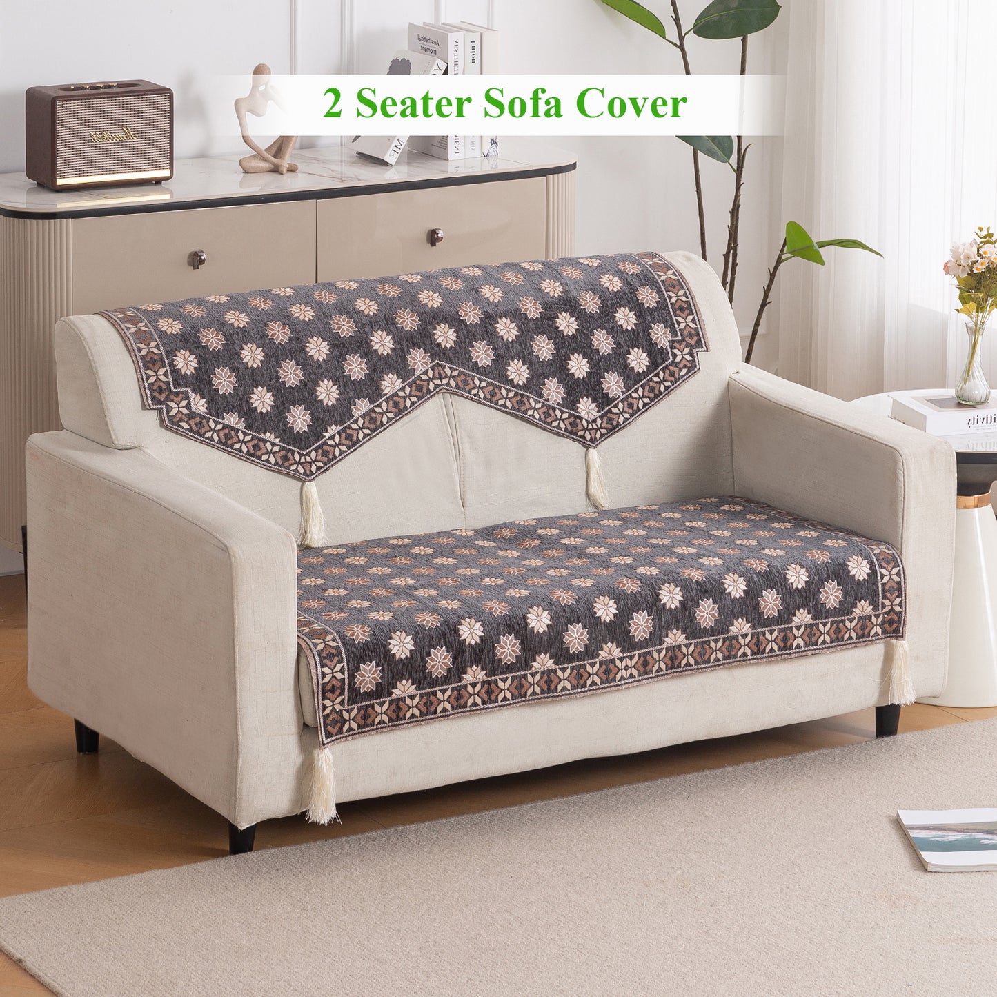 Heritage Weave Premium Jacquard Sofa Cover Set with Tassels - Graphite Grey