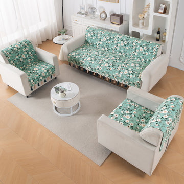'Whispers of Nature' Series Holland Velvet Sofa Cover with Tassel, Sage Floral Vine