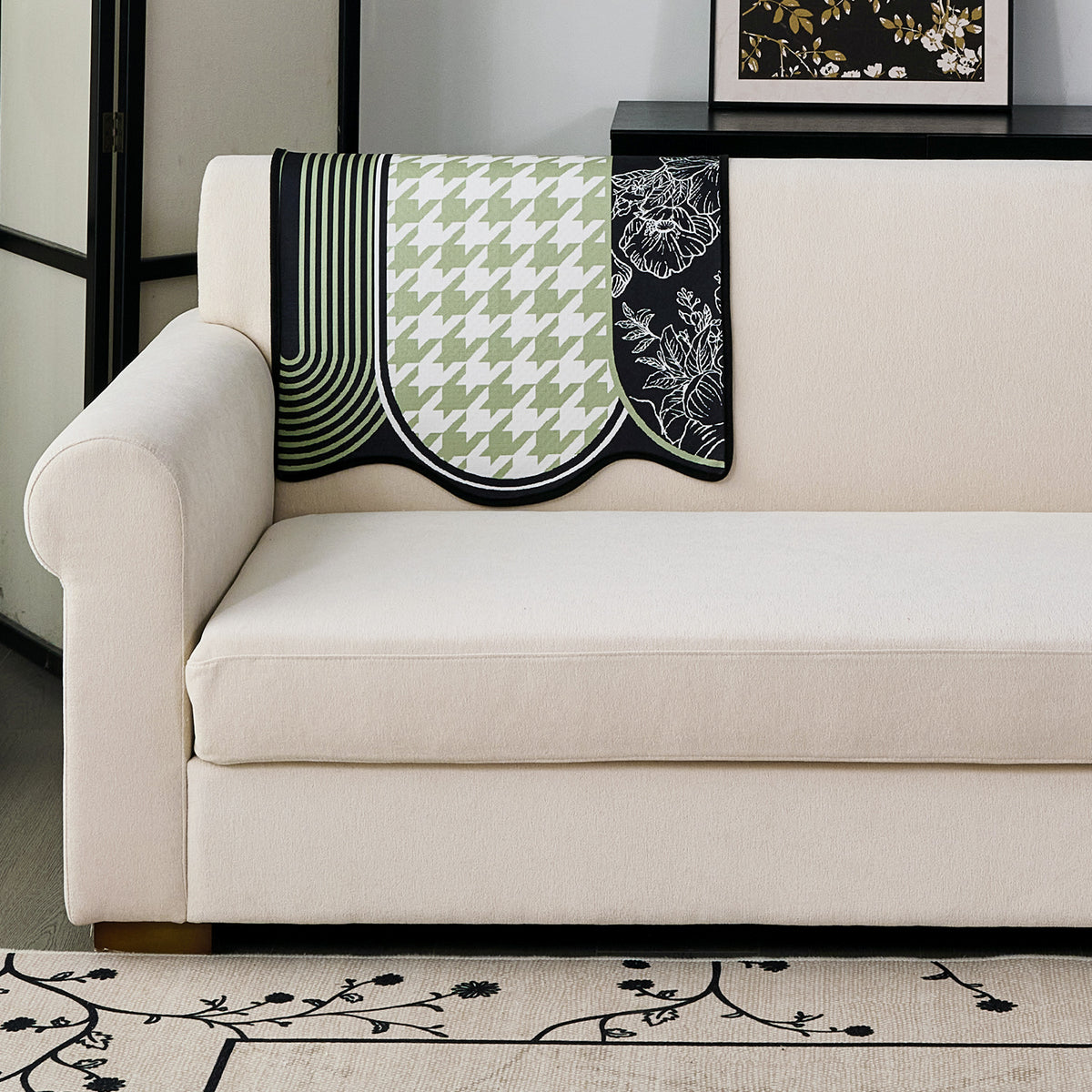 Arcea Chenille With Curved Edges Sofa Cover Mat, Sage Curve