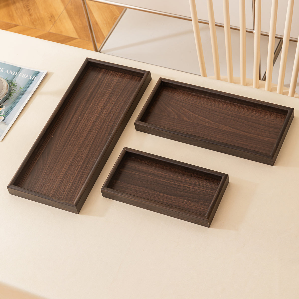 Dark Wood Finish MDF Serving Tray Set of 3