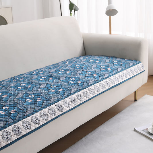 LiefNest Holland Velvet Sofa Cover Mat with Foam Filling - Geometric Floral Oriental Blue