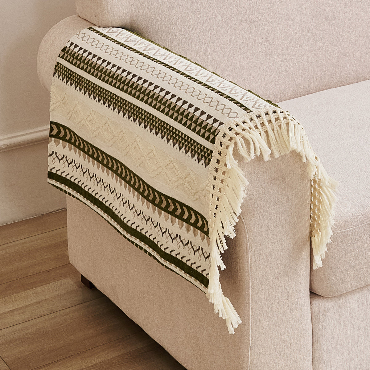 Nordic Boho Geometric Sofa Cover Mat with Tassel, 'Nordic Tassel Series'  Olive Meadow