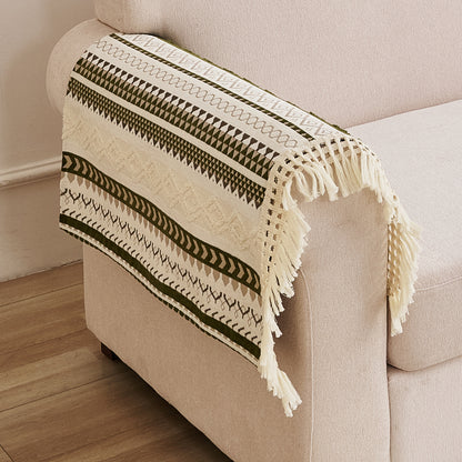Nordic Boho Geometric Sofa Cover Mat with Tassel, 'Nordic Tassel Series'  Olive Meadow