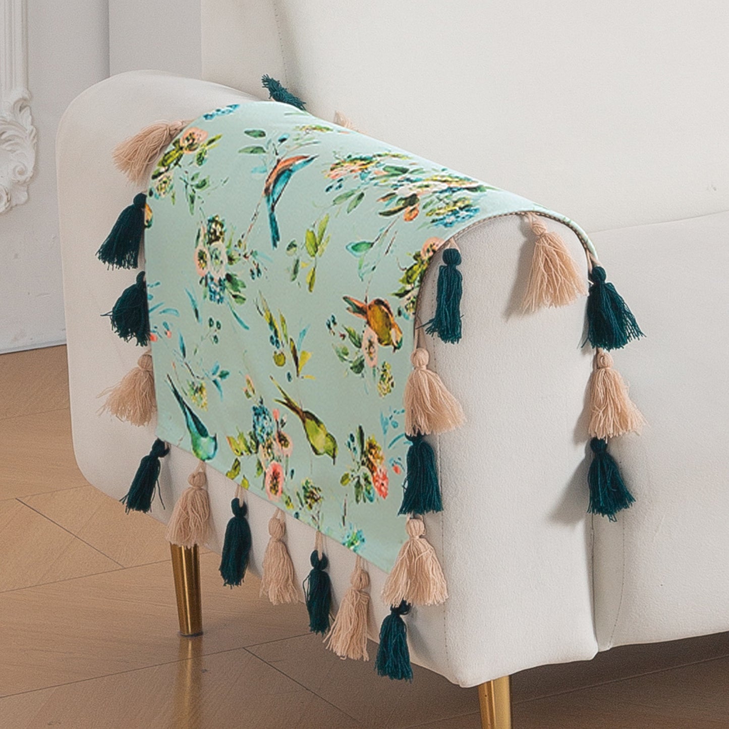 'Whispers of Nature' Series Holland Velvet Sofa Mat with Tassel, Mint Birdsong Blossom