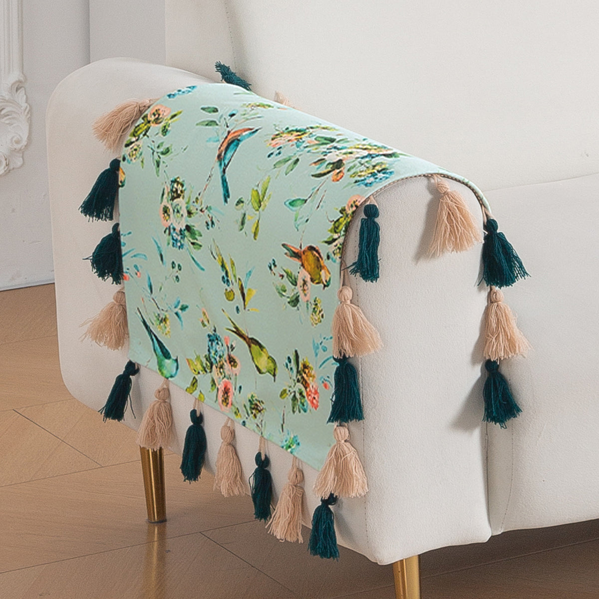 'Whispers of Nature' Series Holland Velvet Sofa Mat with Tassel, Mint Birdsong Blossom