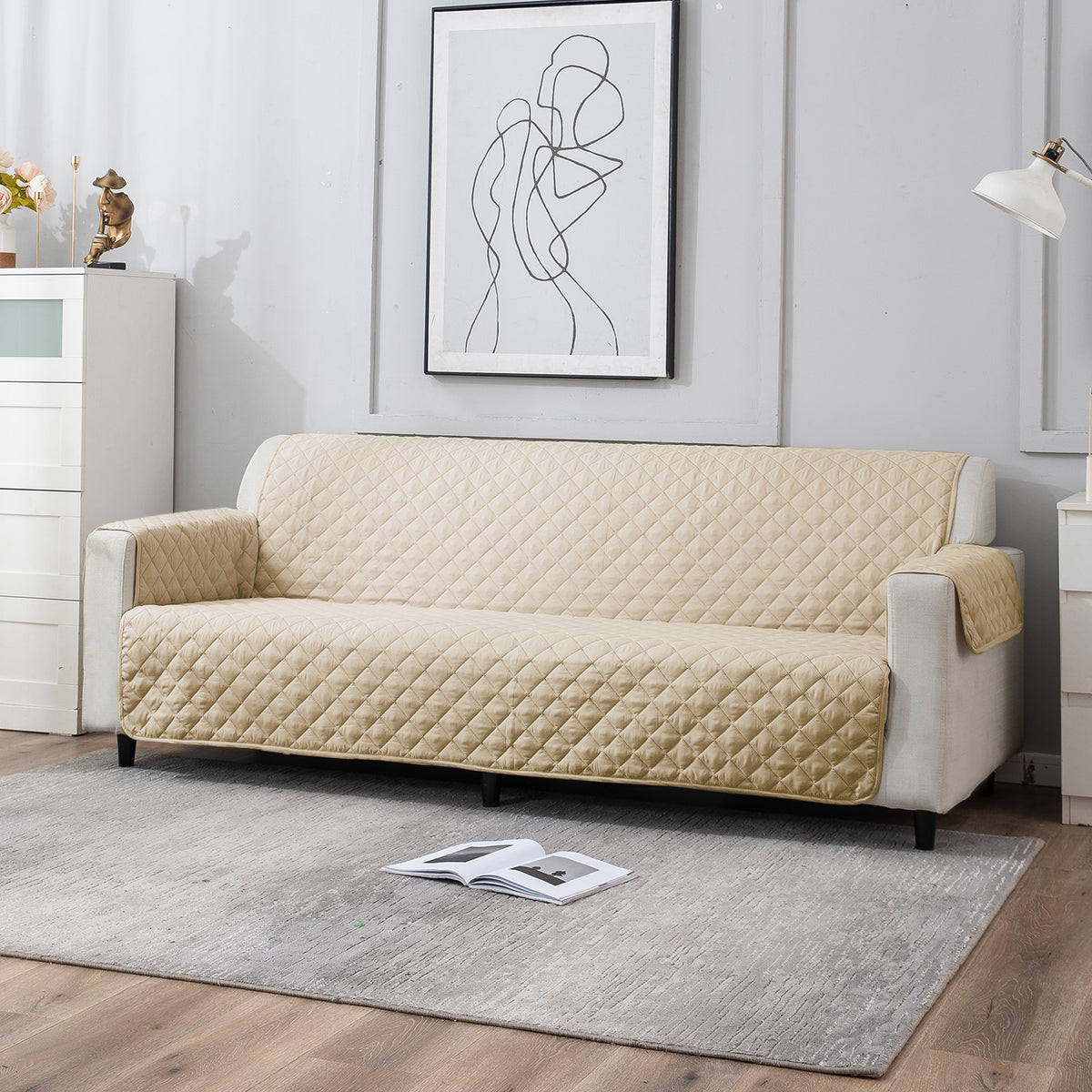4 Seater Beige quilted sofa cover set