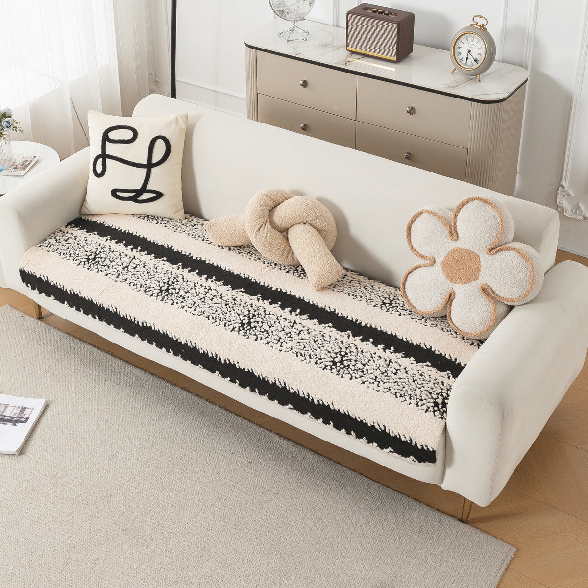 Luxury Plush Sherpa Anti-Slip Sofa Cover Mat, 'Noirea Series'| Textured Stripe