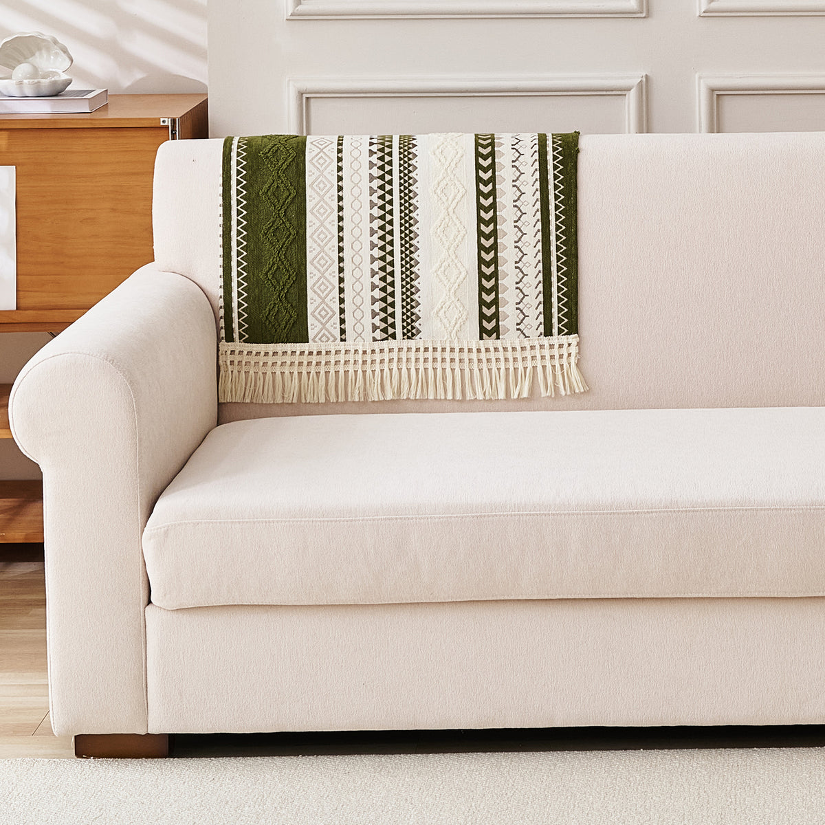 Nordic Boho Geometric Sofa Cover Mat with Tassel, 'Nordic Tassel Series'  Olive Meadow