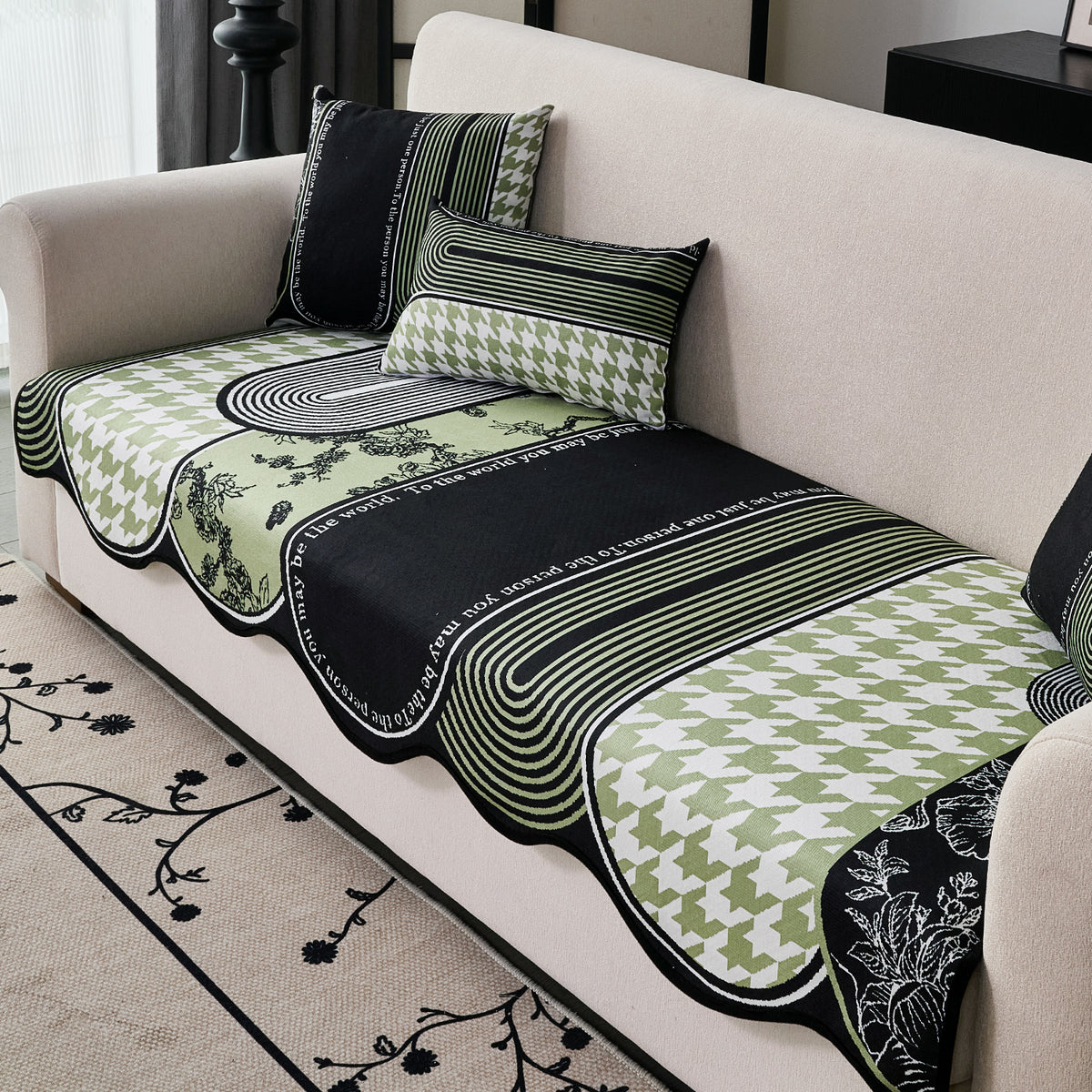 Arcea Chenille With Curved Edges Sofa Cover Mat, Sage Curve