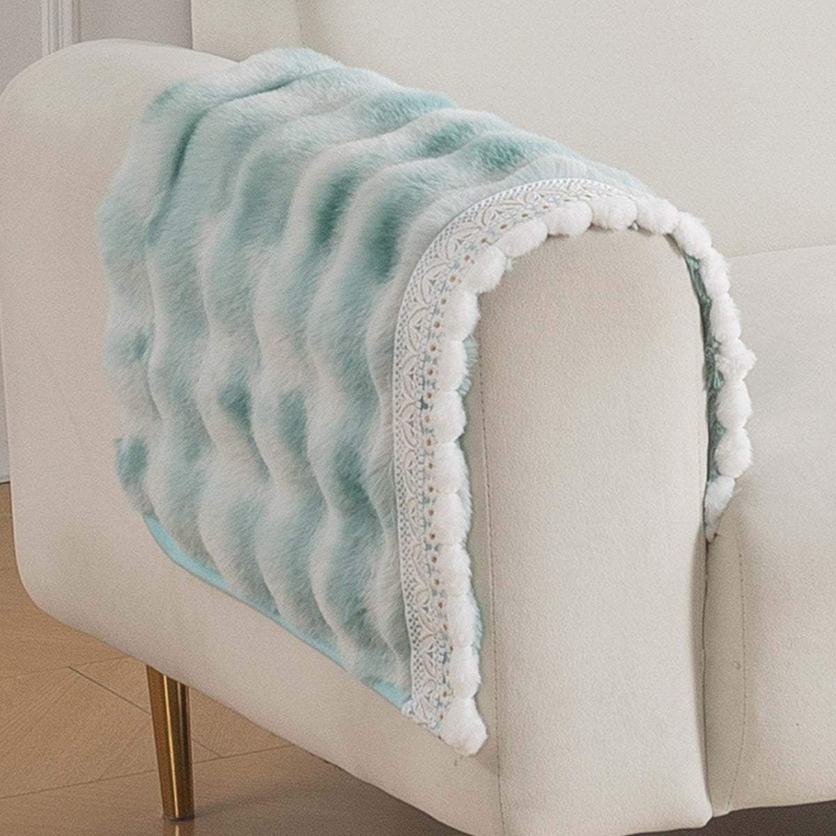 Faux Rabbit Fur Sofa Cover with Lace |Gradient Rabbit Plush, Green