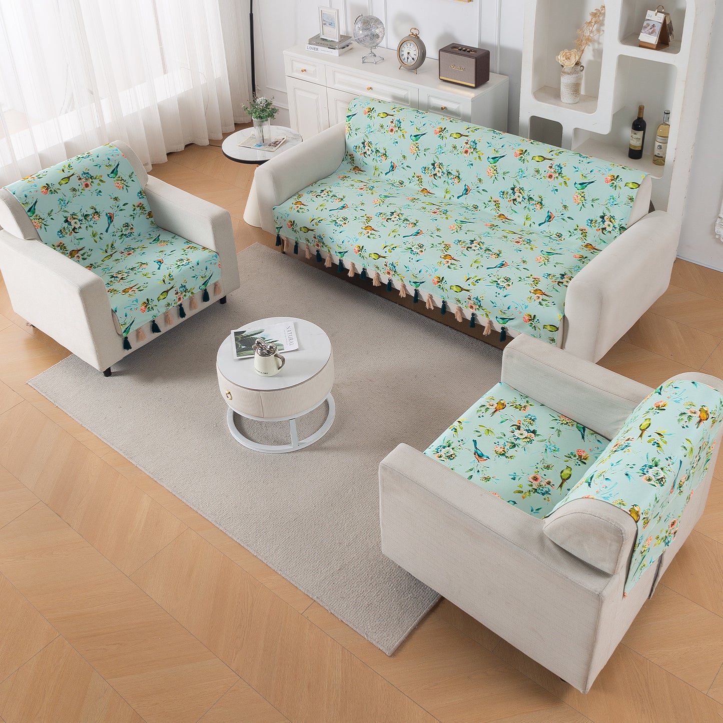 Holland Velvet 5-Seater Sofa Cover with Tassel (3+1+1), Mint Birdsong Blossom