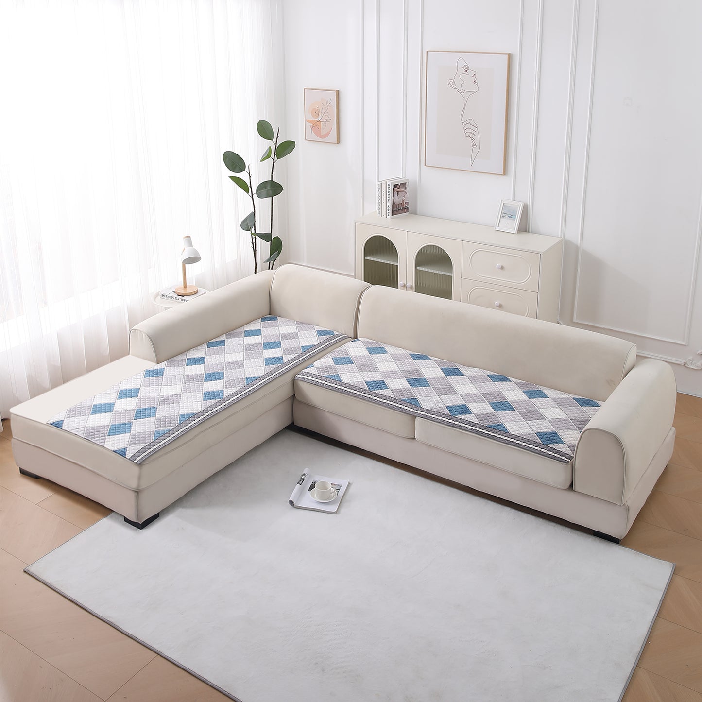 LiefNest Printed Holland Velvet L Shape Sofa Seat Mat with Foam Filling - Diamond Slate Grey Blue
