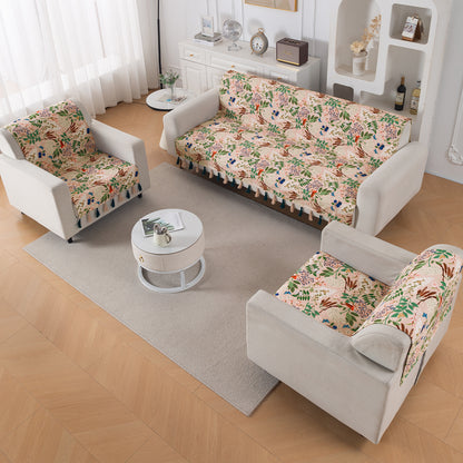 Holland Velvet 5-Seater Sofa Cover with Tassel (3+1+1), Beige Woodland Bloom